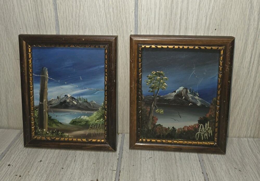 Vtg 1979 Miniature Oil Painting Mountain Landscape 5x6 Gallery Wall Signed Set 2